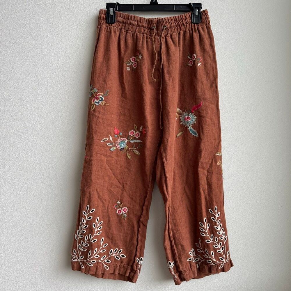 Johnny Was 100% Linen Embroidered Floral Wide Leg Cropped Pants Size Small